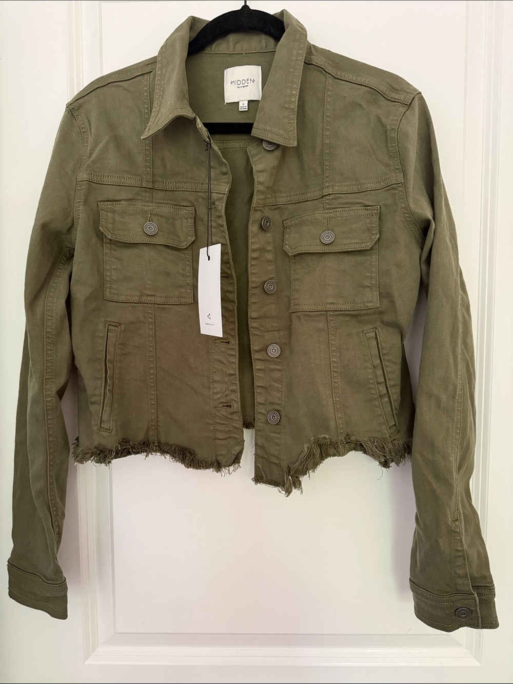 Hidden Olive Green Frayed Hem Jean Jacket